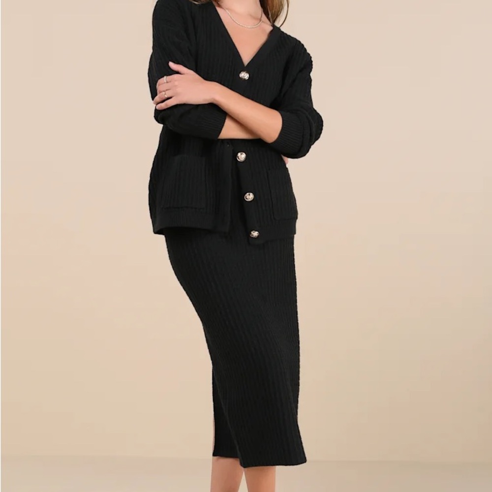 Lulu's Black Cardigan with Gold Buttons + matching skirt